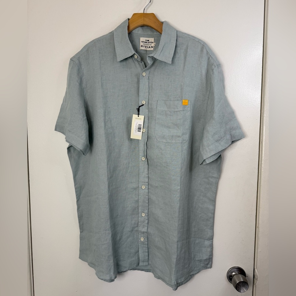 Taylor Stitch X Rivian NWT seafoam green short sleeve button down linen shirt 46